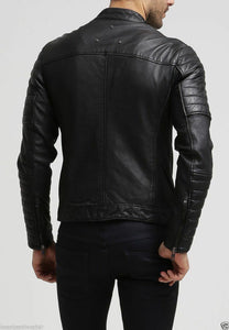 New Men’s Stylish Slim Fit Black Genuine Lambskin Real Leather Biker Jacket - theleathersouq