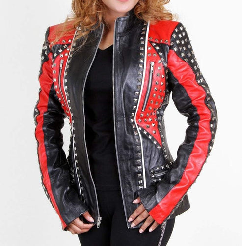 Designer Ladies Handmade Leather Red & Black Studded Jacket, Womens Biker Punk Jacket