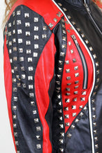 Load image into Gallery viewer, Designer Ladies Handmade Leather Red &amp; Black Studded Jacket, Womens Biker Punk Jacket