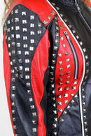 Designer Ladies Handmade Leather Red & Black Studded Jacket, Womens Biker Punk Jacket