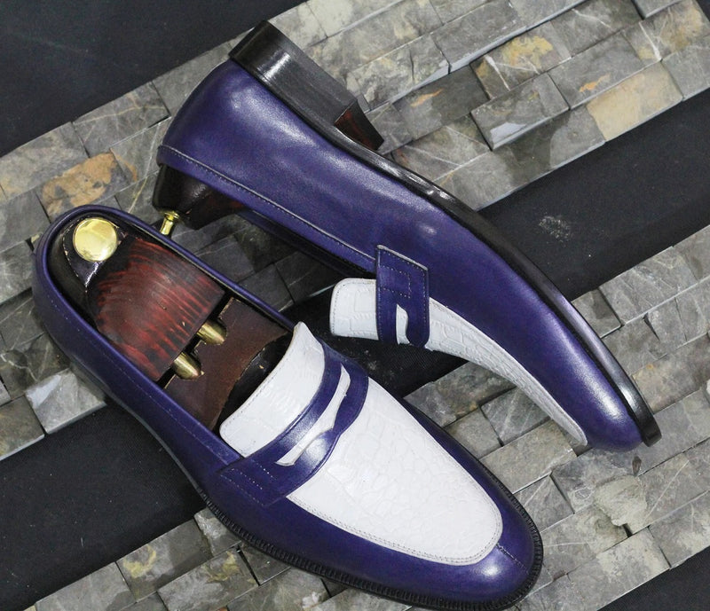 Awesome Men's Handmade Blue & White Split Toe Penny Loafers, Men Dress Party Fashion Shoes