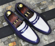 Load image into Gallery viewer, Awesome Men&#39;s Handmade Blue &amp; White Split Toe Penny Loafers, Men Dress Party Fashion Shoes