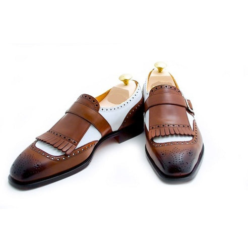 Stylish Handmade Men's Two Tone Brown & White Monk Fringed Formal Dress Shoes - theleathersouq