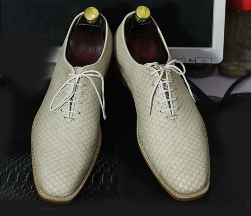 Awesome Men's Handmade Cream Python Textured Leather Lace Up Shoes, Men Fashion Party Formal Dress